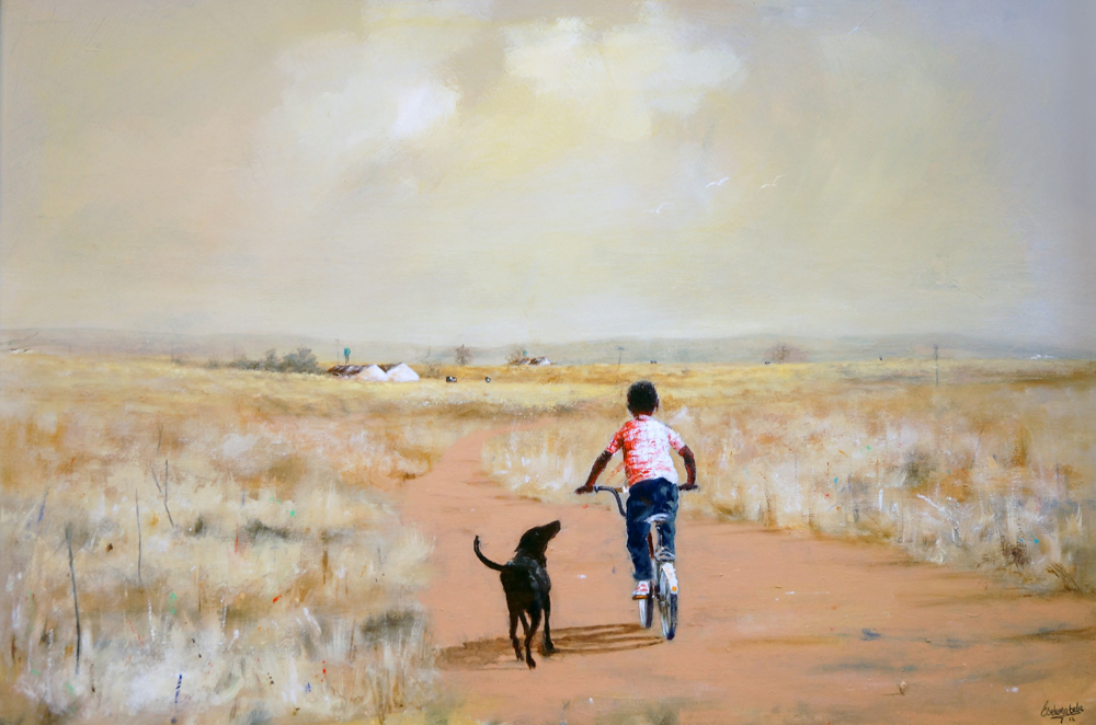 1000x662 Edward Selematsela Boy And Dog (Sam) (Sold) The Lonehill Art - Boy And Dog Painting