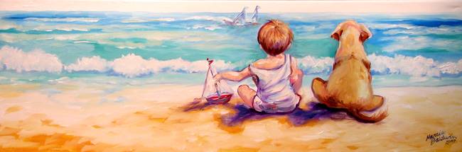 650x215 Stunning Surf Dog Painting Reproductions For Sale On Fine Art Prints - Boy And Dog Painting