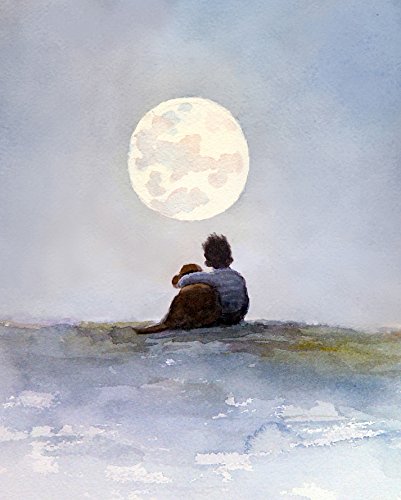 401x500 A Boy And His Dog Friend Art Print Of Watercolor - Boy And Dog Painting