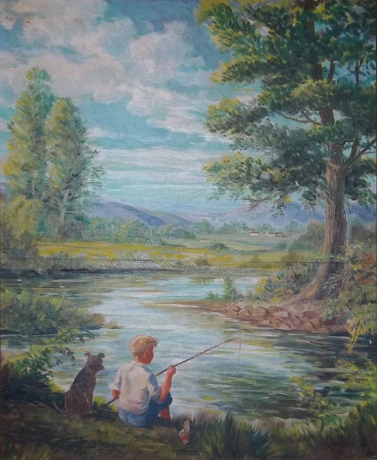 738x900 Young Boy Fishing With His Dog Painting By Bernard P Thomas - Boy And Dog Painting