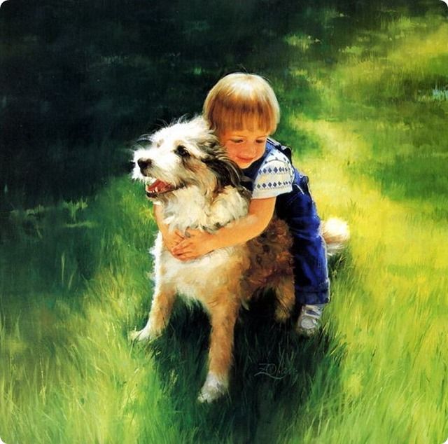 640x634 Painting Boy Huggs A Dog - Boy And Dog Painting