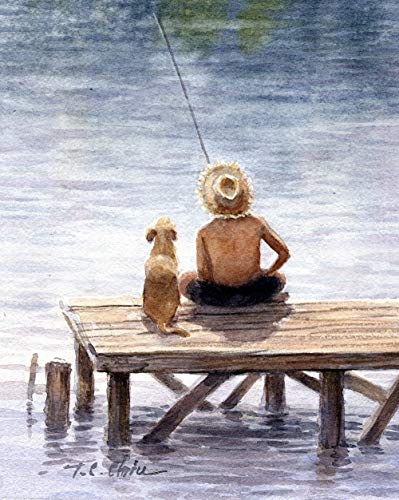 399x500 Boy Fishing With His Dog Art Print Of Watercolor - Boy And Dog Painting