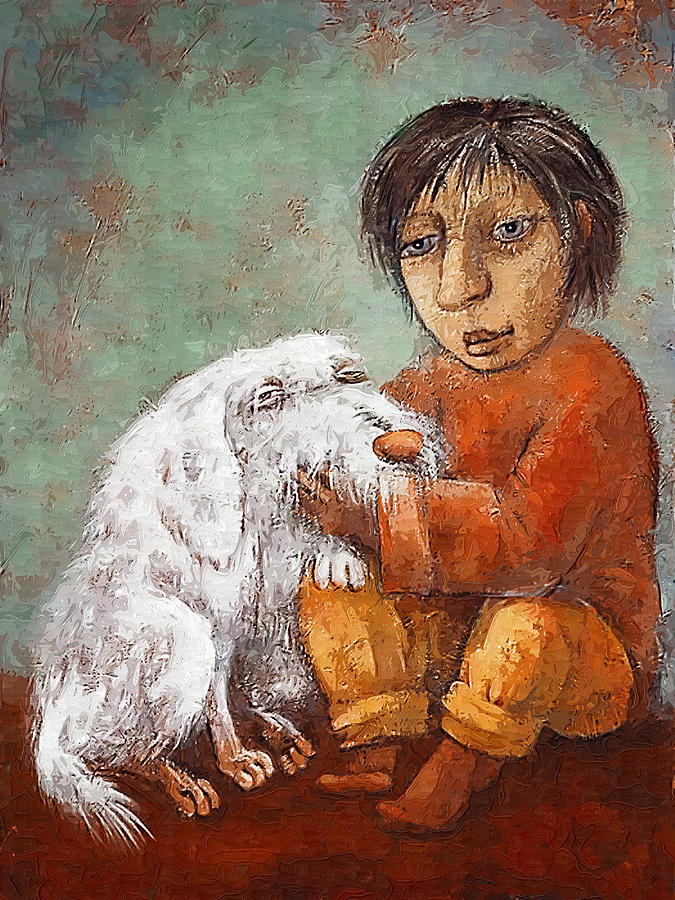 675x900 Boy With Dog Portrait Painting Painting By Frida Kaas - Boy And Dog Painting