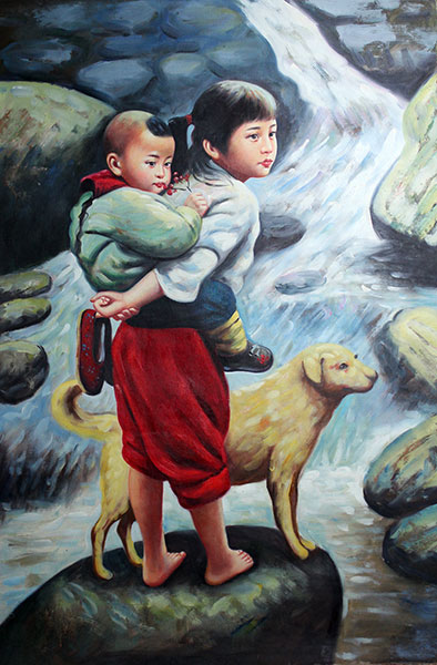 394x600 Chinese Girl Carrying Boy Cross River Handmade Oil Painting - Boy And Girl Painting