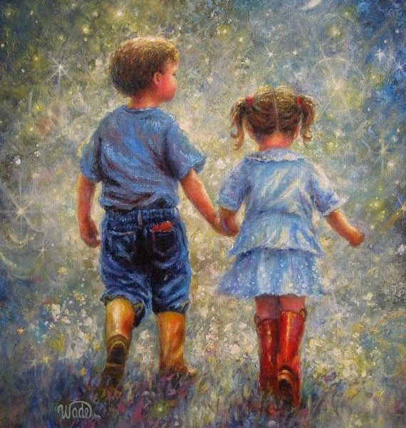 570x600 Twilight Walk Original Vickie Wade Oil Painting Boy And Girl Blue - Boy And Girl Painting