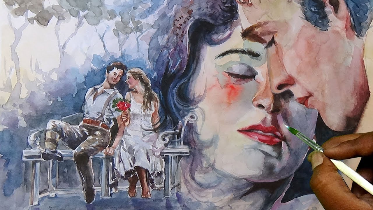 1280x720 Watercolor Painting Valentine's Day Boy Amp Girl Portrait Painting - Boy And Girl Painting