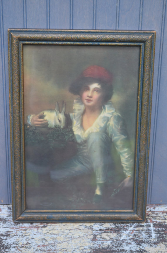 570x861 Boy With Rabbit Picture Antique Framed Print 1920'S - Boy And Rabbit Painting