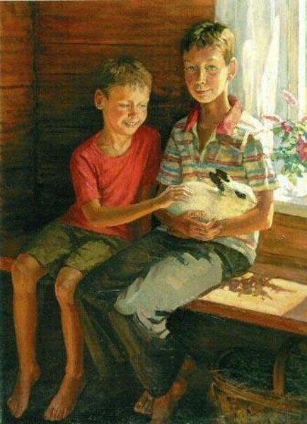 434x600 Two Boys With Rabbit Art That Inspires Me To Paint - Boy And Rabbit Painting
