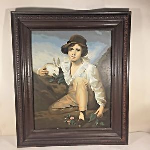 300x300 Vtg Mcm Large Paint By Number Pbn Boy W Rabbit Bunny Framed Art - Boy And Rabbit Painting