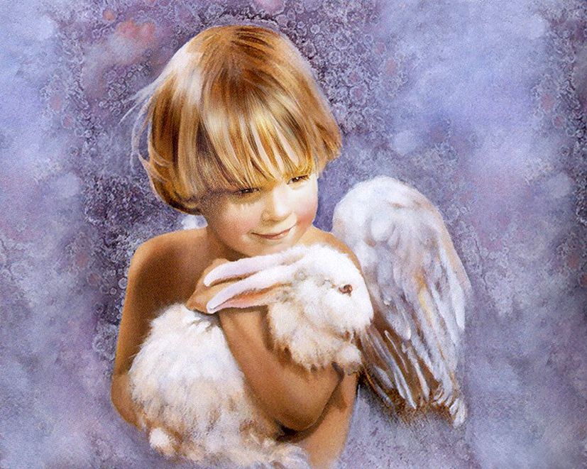 827x661 An Angel Boy With A Rabbit Angel Nancy Noel, Angel - Boy And Rabbit Painting