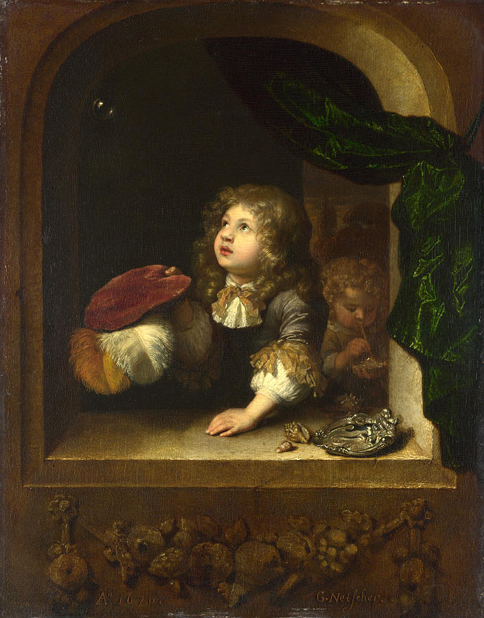 705x900 Two Boys Blowing Bubbles Painting By Caspar Netscher - Boy Blowing Bubbles Painting