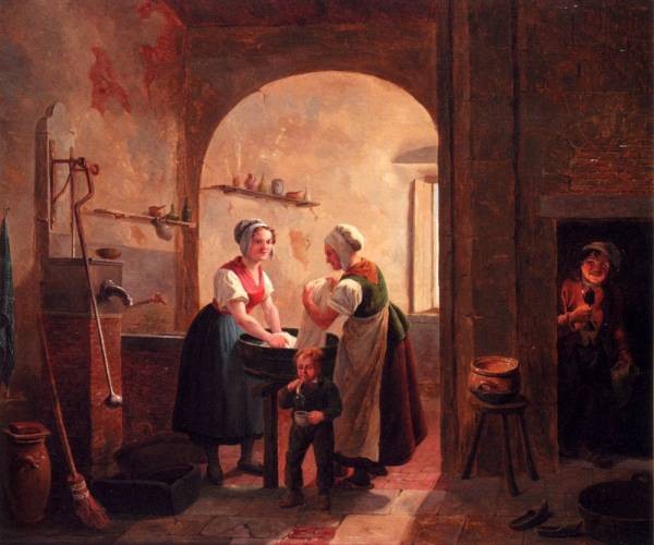 600x500 Washerwomen In A Sunlit Basement With A Young Boy Blowing Bubbles - Boy Blowing Bubbles Painting