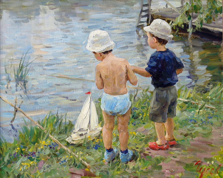 850x679 Fishermen, Vladimir Gusev Genre Painting, Summer, River, Boys - Boy Fishing Painting