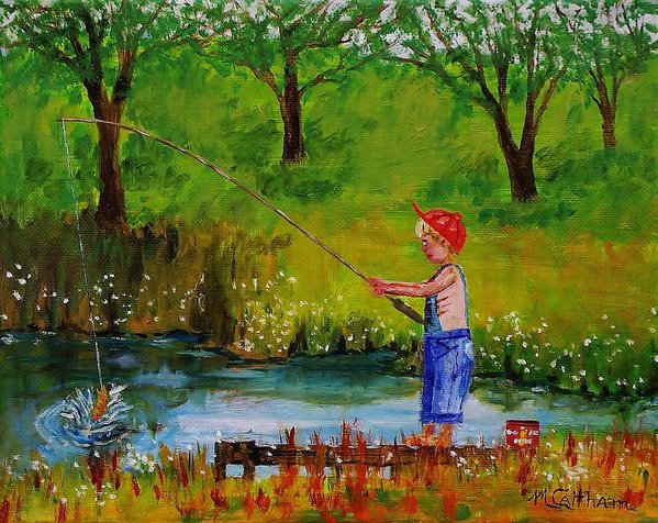 599x476 Little Boy Fishing Art Print By Mike Caitham - Boy Fishing Painting