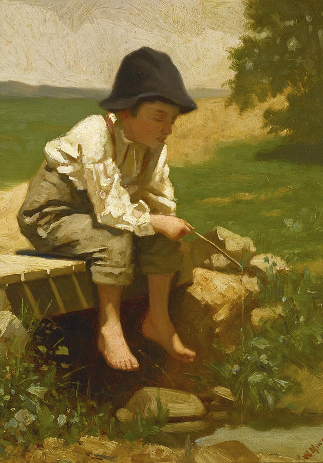 629x900 Little Boy Fishing Painting By William Morgan - Boy Fishing Painting