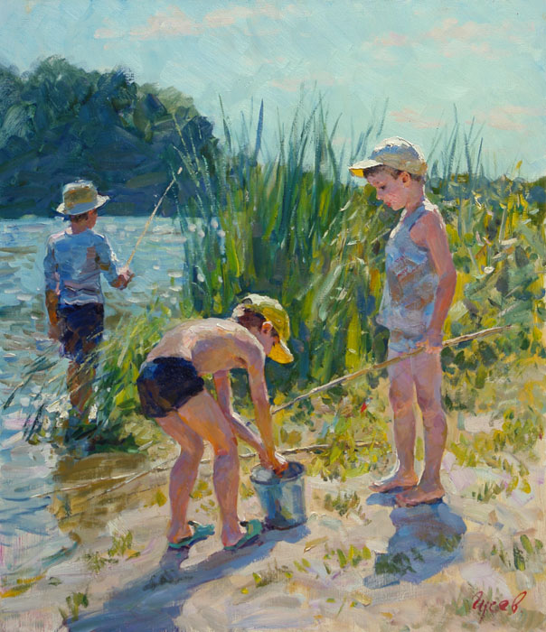 604x700 Sunny Day, Vladimir Gusev Painting,summer, River, Boys, Fishing - Boy Fishing Painting