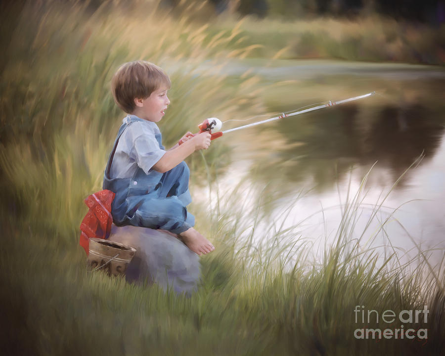 900x720 The Fishing Hole Painting By Bon And Jim Fillpot - Boy Fishing Painting
