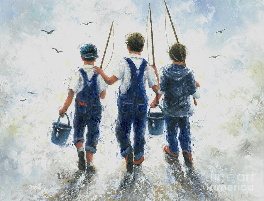900x686 Three Boys Going Fishing Painting By Vickie Wade - Boy Fishing Painting