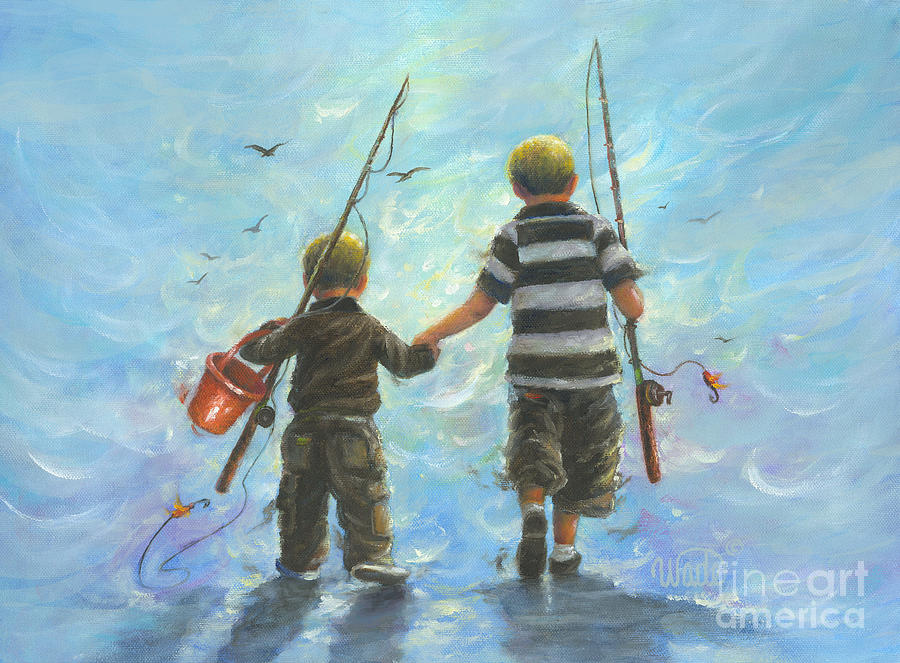 900x663 Two Little Boys Going Fishing Painting By Vickie Wade - Boy Fishing Painting