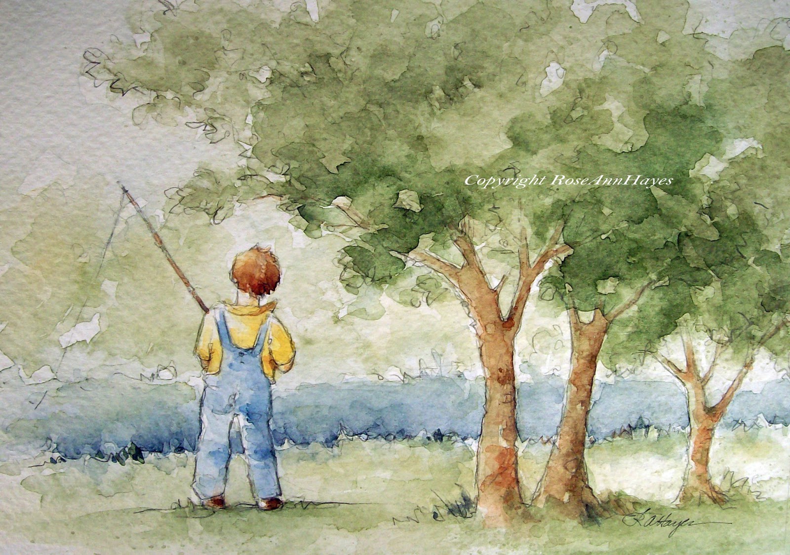 1600x1125 Watercolor Paintings By Roseann Hayes Little Boy Fishing Original - Boy Fishing Painting