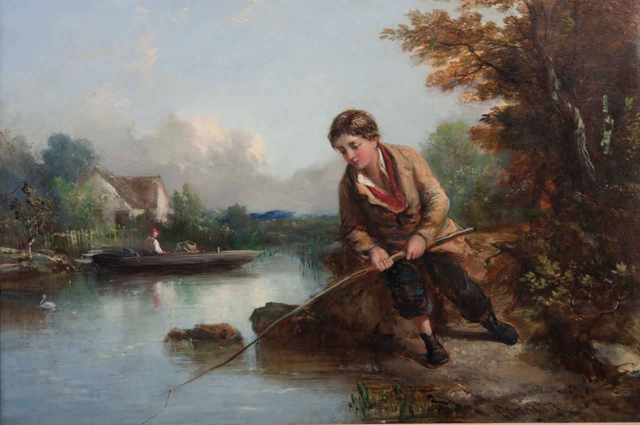 1280x851 Young Man Fishing By A River, Painting By Tom Lawrance For Sale - Boy Fishing Painting