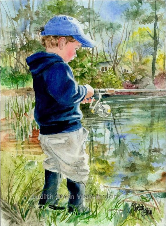 570x776 Boy Fishing, Bait, Angler, Fish Pole, Tackle, Lake, Family - Boy Fishing Painting