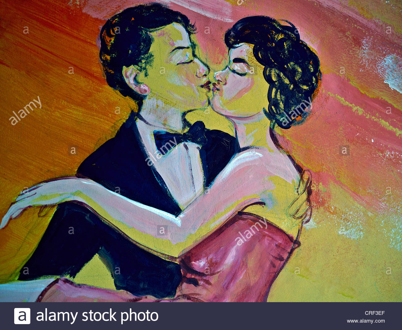 1300x1066 Nostalgic Pop Art Painting Of A Boy And Girl Kissing. C. 1950'S - Boy Kissing Girl Painting