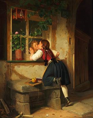 314x400 A Boy And Girl Kissing In Secret On A Window Pane By Fritz - Boy Kissing Girl Painting