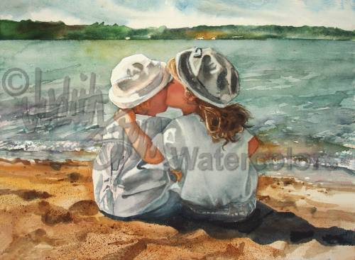500x367 Beach Boy Amp Girl Brother Sister Friends Kissing Lake - Boy Kissing Girl Painting