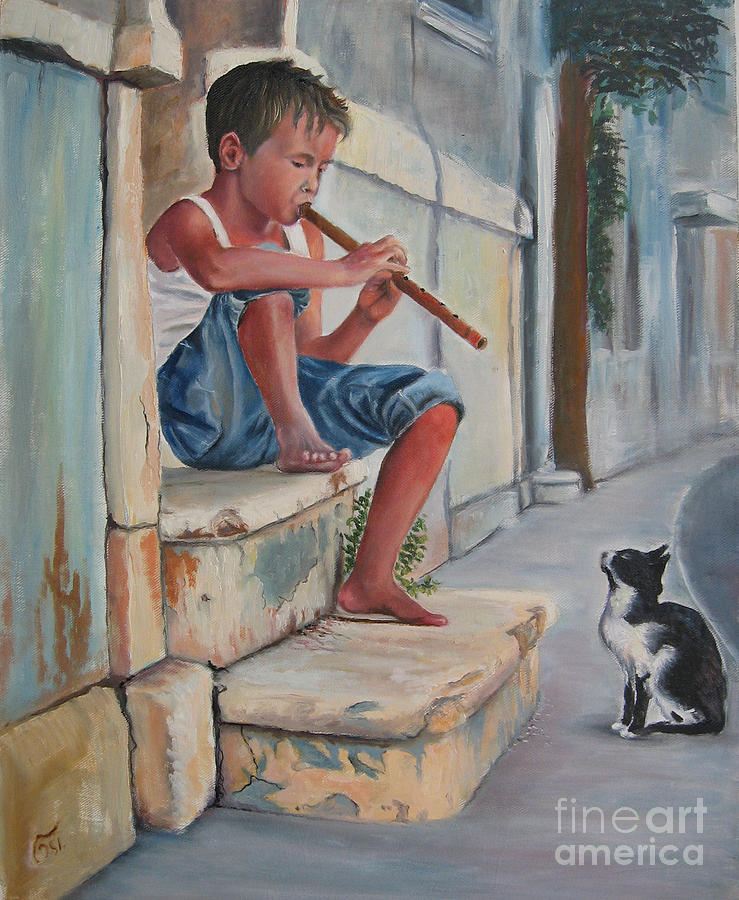 739x900 Boy With Flute And Cat Painting By Osi - Boy Playing Flute Painting