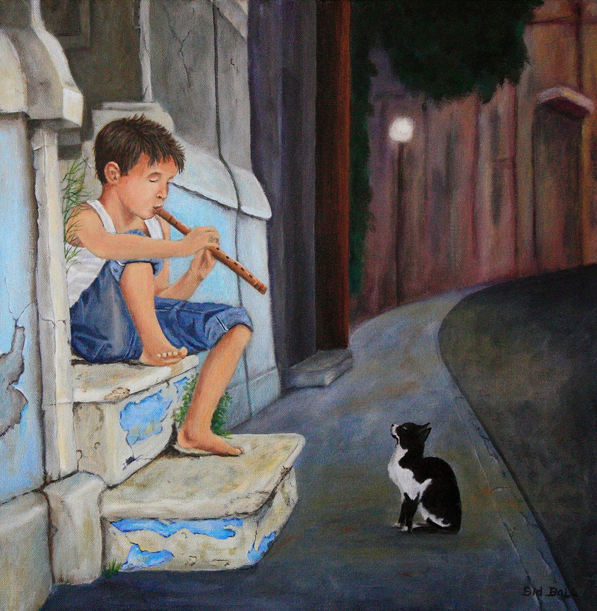 1200x1227 Boy Playing Flute For Cat - Boy Playing Flute Painting