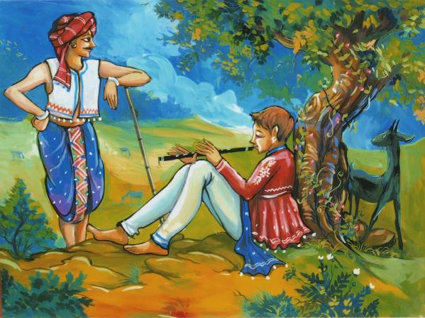 599x448 Indian Village Cowherd Boy Painting By Francis David - Boy Playing Flute Painting