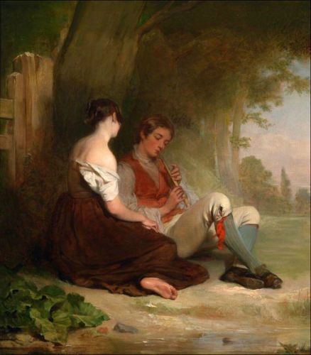 438x500 Oil Painting Haynes King Young Boy Playing Flute With His - Boy Playing Flute Painting