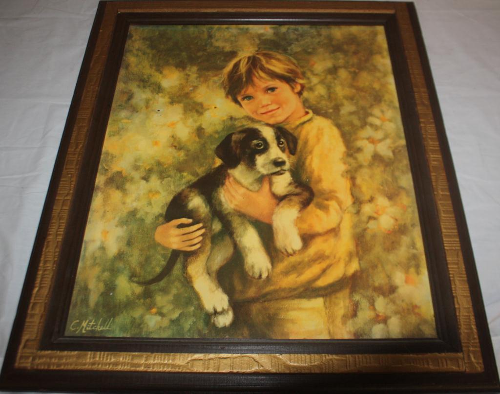 1024x806 Framed Painting Of Boy Holding Dog - Boy With Dog Painting
