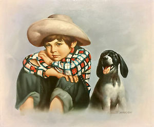 300x248 Boy Dog Painting Best Friends Signed Harrisn Oil Canvas Unframed - Boy With Dog Painting