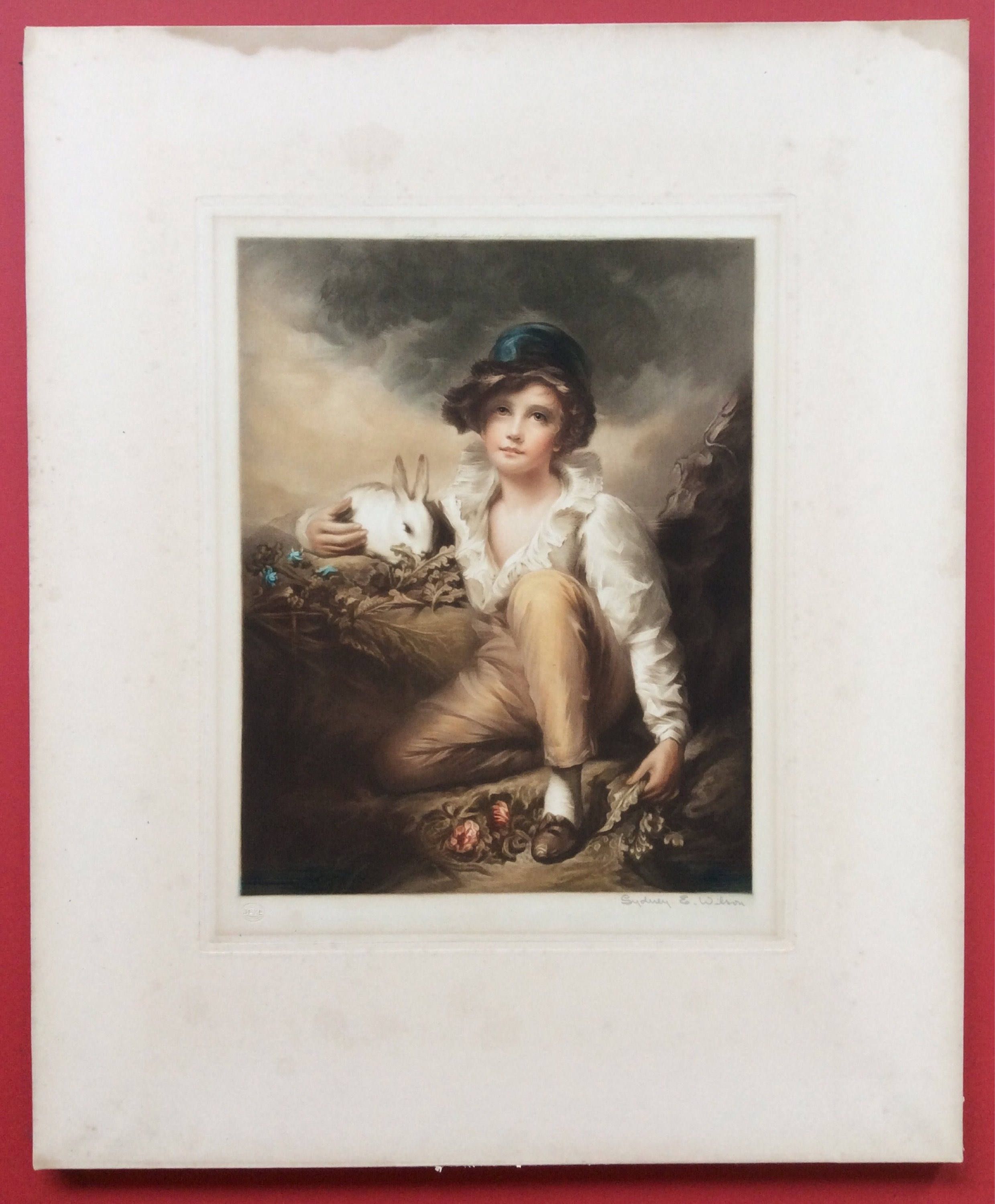2479x3000 1923 17.25 X 21 Sidney Wilson Antique Colour Mezzotint Engraving - Boy With Rabbit Painting