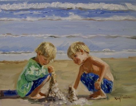 475x370 Sand castles little boys on the beach, painting by artist kay - Boys Painting