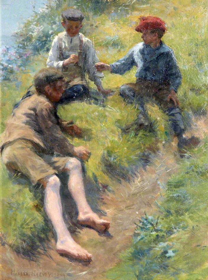 703x944 Three Boys Painting Harold Harvey Oil Paintings - Boys Painting