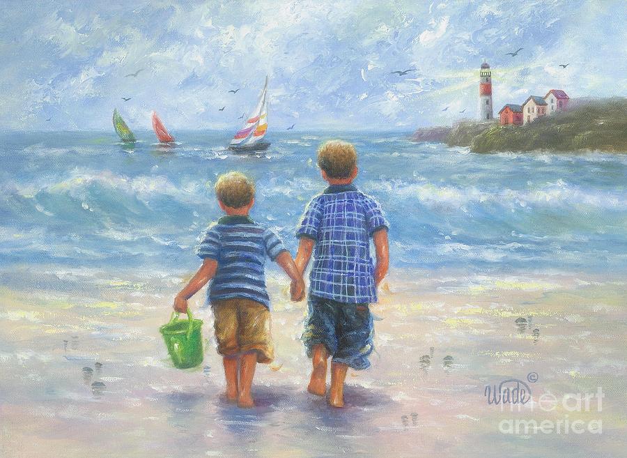 900x657 Two Beach Boys Walking Painting By Vickie Wade - Boys Painting