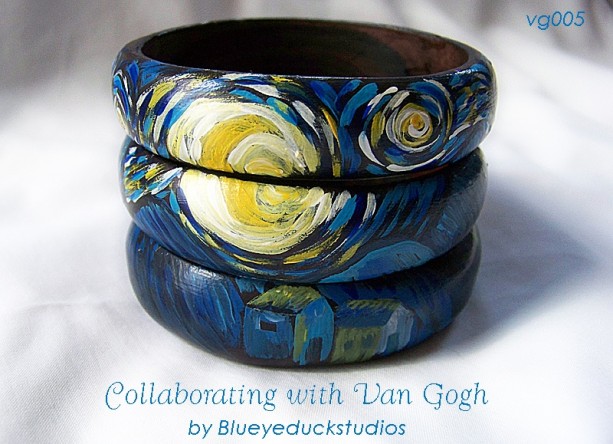 613x444 Sold] Hand Painted Bracelet Van Gogh Starry Night Bangle Set Ori - Bracelet Painting