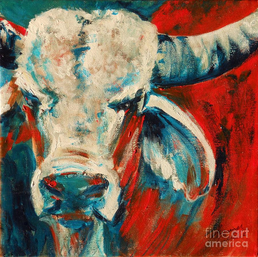 900x897 Red Blue Brahma Bull Painting By Summer Celeste - Brahma Painting