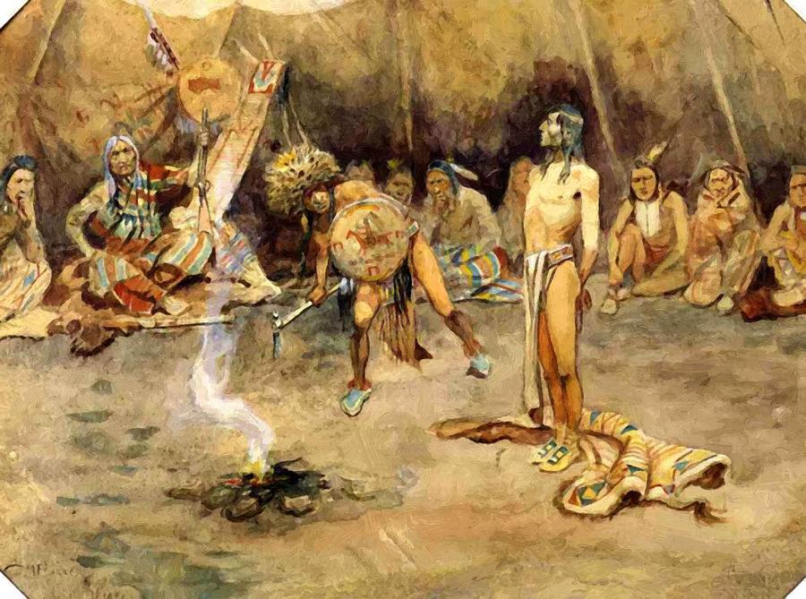 900x669 Sioux Torturing A Blackfoot Brave 1897 Painting By Russell Charles - Brave Painting