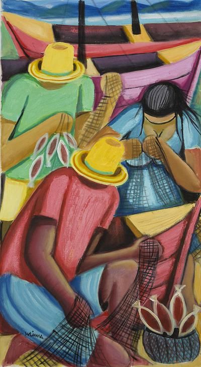 400x729 Signed Painting Of Brazilian Fishermen - Brazilian Painting