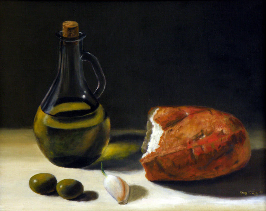 900x713 Olive Oil And Bread Painting By George Tuffy - Bread Painting