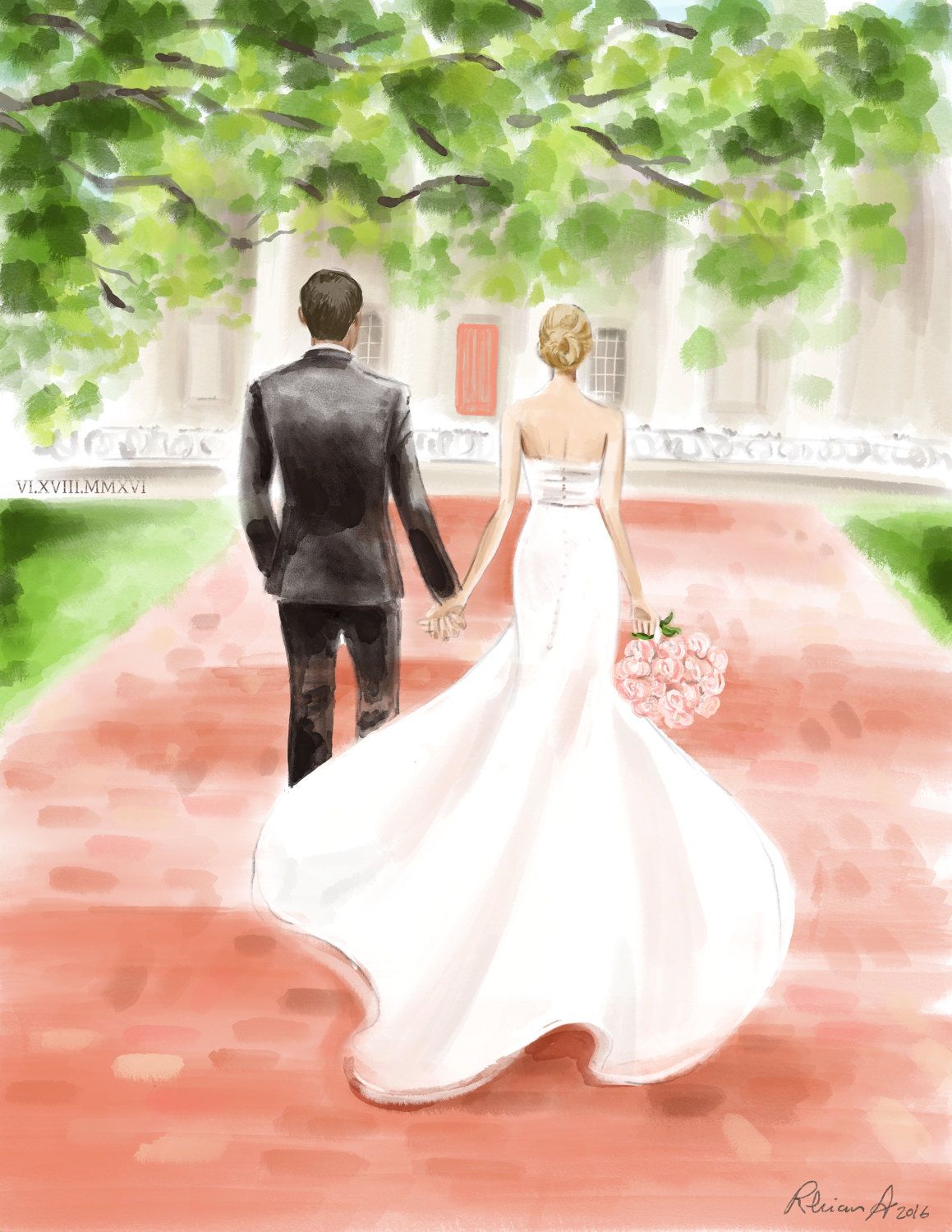 1159x1500 Save The Date Illustration Wedding Portrait Bride Groom By Reani - Bride And Groom Painting