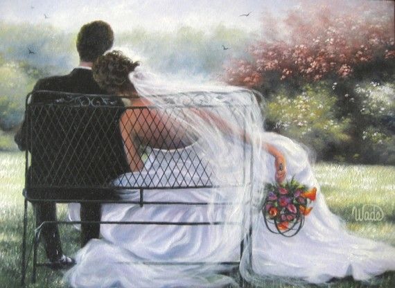 570x416 Bride Groom Art Print, Wedding Couple, Just Married, Sitting Bench - Bride And Groom Painting
