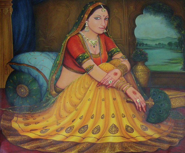 599x496 Sweet Rajasthani Woman Sitting Portrait Bright Color Traditional - Bright Color Painting