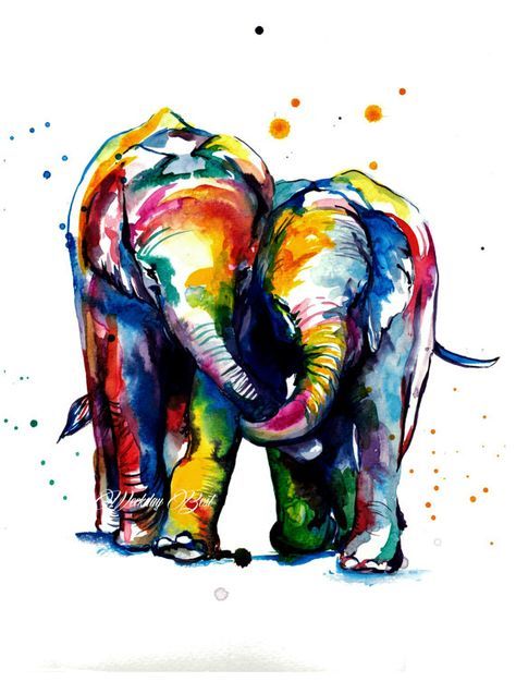 474x626 Colorful Elephants Holding Trunks Watercolor Painting Art Print - Bright Elephant Painting