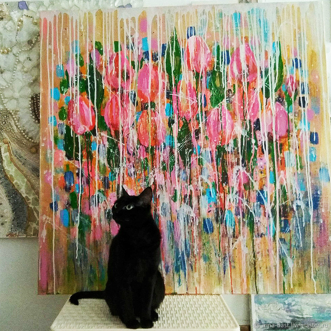 1080x1080 Bright Pink Colour Painting Abstract Flowers Tulips In The Rain - Bright Flower Painting