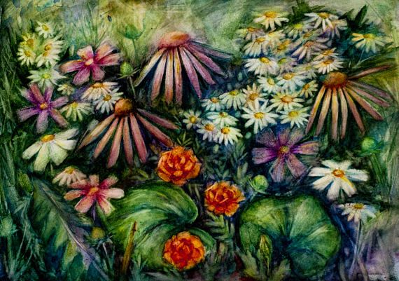 570x401 Original Flower Art Pink Garden Art Bright Flowers Painting - Bright Flower Painting